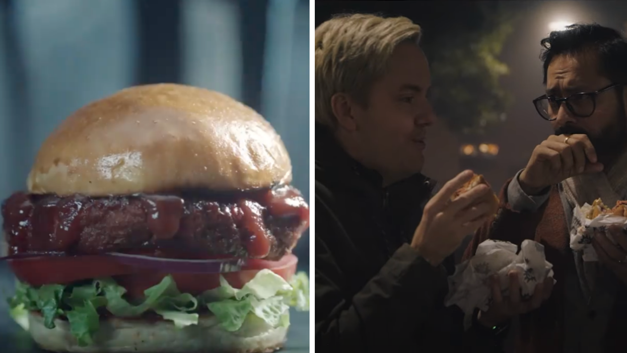 A plant-based burger. Right: Two people eating a burger.