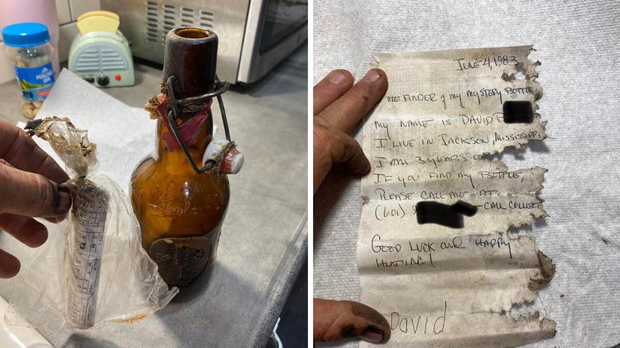A plastic bag with a letter inside. Right: The 40-year-old letter found inside a an old Grolsch beer bottle.