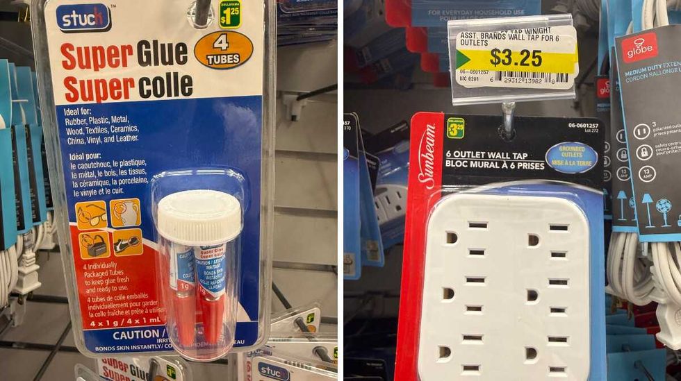 A plastic container filled with tubes of super glue hanging on a store shelf. Right: A white six-outlet wall tap hanging on a store shelf.