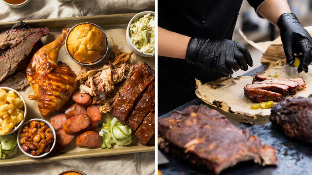 A plate of barbecue. Right: A person preparing a barbecue dish.