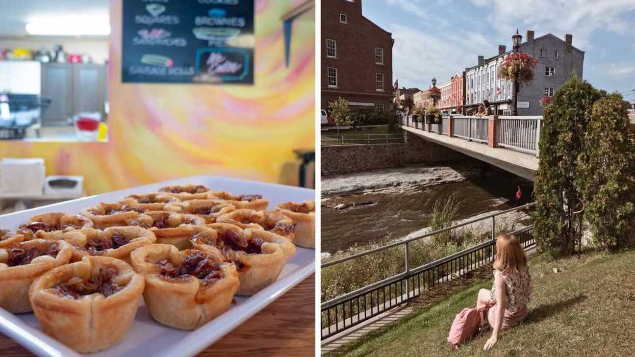 A plate of butter tarts. Right: A person sitting by a river.