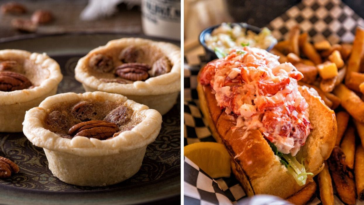 A plate of butter tarts with pecans on top. Right: A Lobster roll with a side of French fries and a lemon slice sitting on checkered paper.
