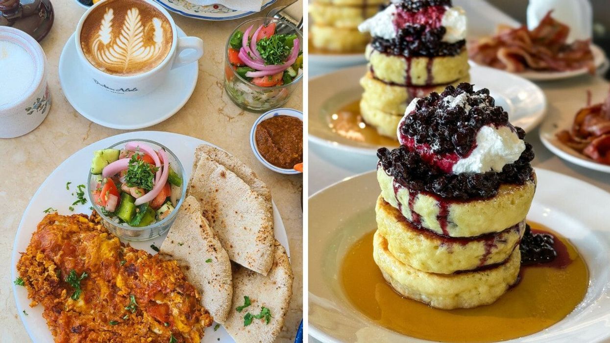 A plate of Egyptian shakshuka alongside a coffee from Maha's brunch, Toronto. A stack of blueberry pancakes topped with maple syrup and cream from Mildred's Temple Kitchen, Toronto.