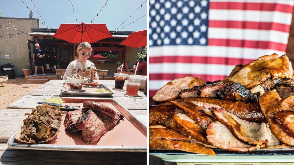 A plate of food at Pecan Lodge. Right: Meat from the Sonny Bryan's Smokehouse.
