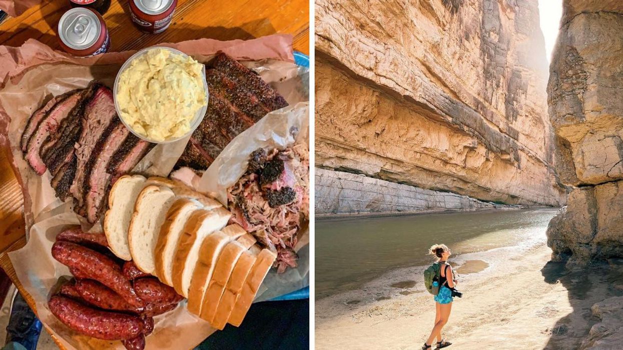 A plate of food from Franklin Barbecue. Right: A woman hiking in Santa Elena Canyon.
