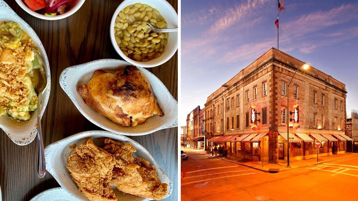 A plate of food from the Lady & Sons. Right: The exterior of the Lady & Sons restaurant.