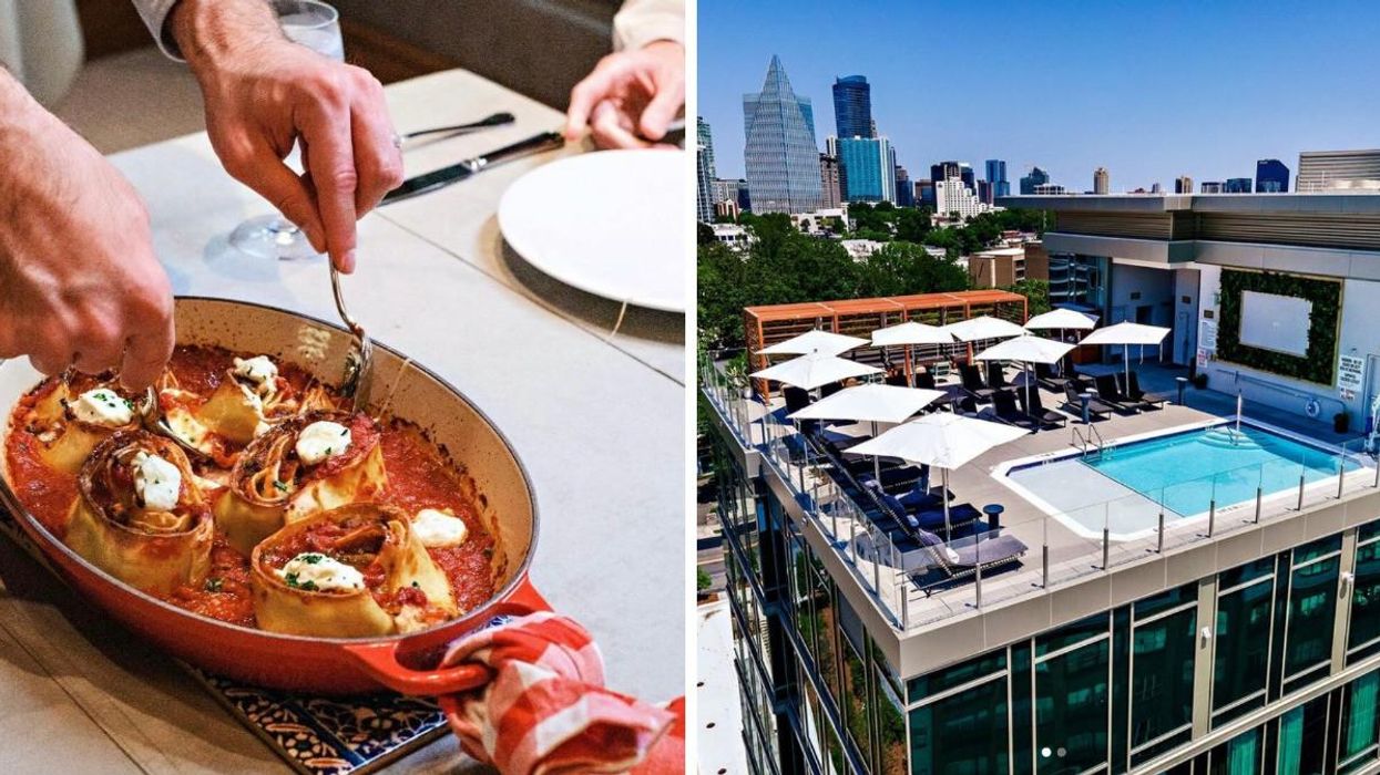 A plate of fresh pasta from Dirty Rascal. Right: The rooftop pool of the Thompson Buckhead.