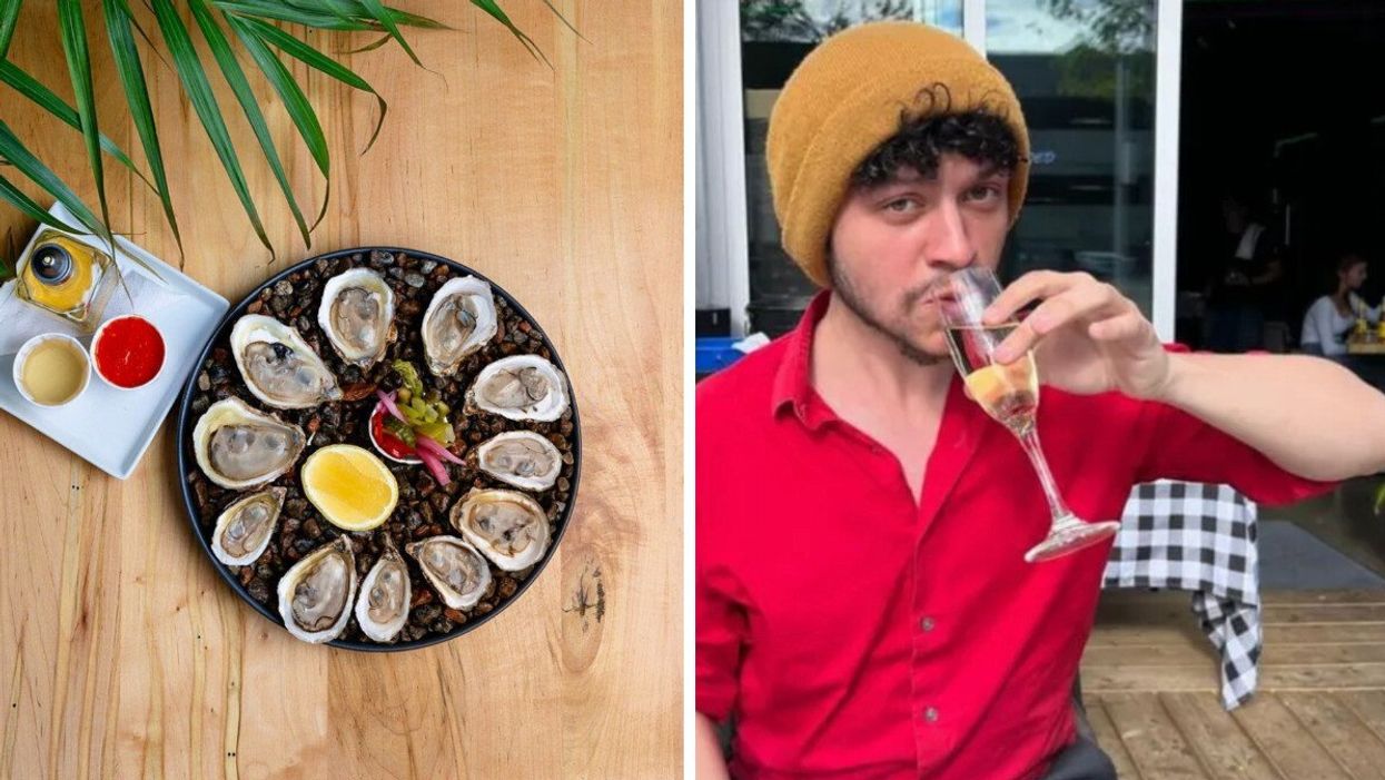 A plate of oysters served with a lemon slice and sauces. Right: Narcity's Keith de Silvia-Legault drinking free prosecco.