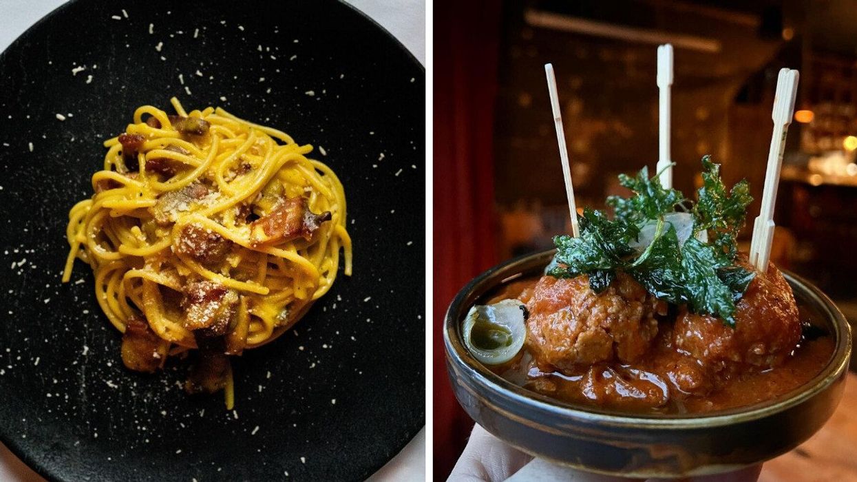 A plate of pasta from Sotto Sotto. Right: Albondigas from 416 Snack Bar.