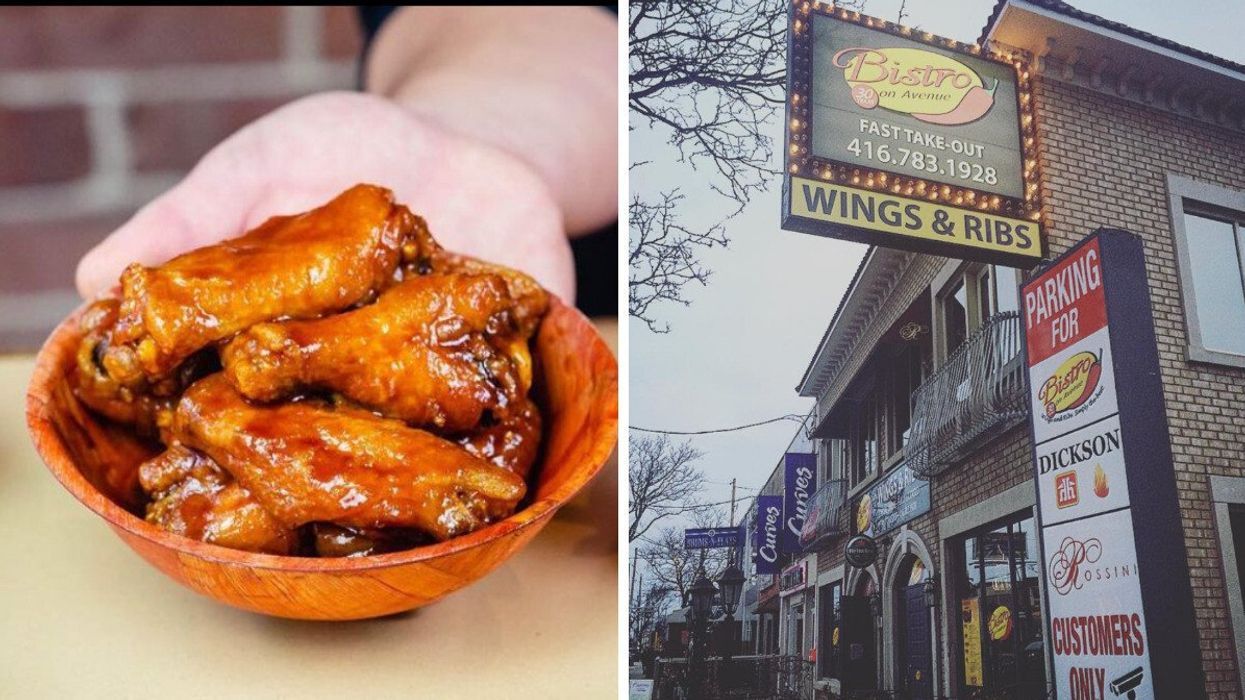 A plate of saucy chicken wings. Right: The outside of a Toronto restaurant.