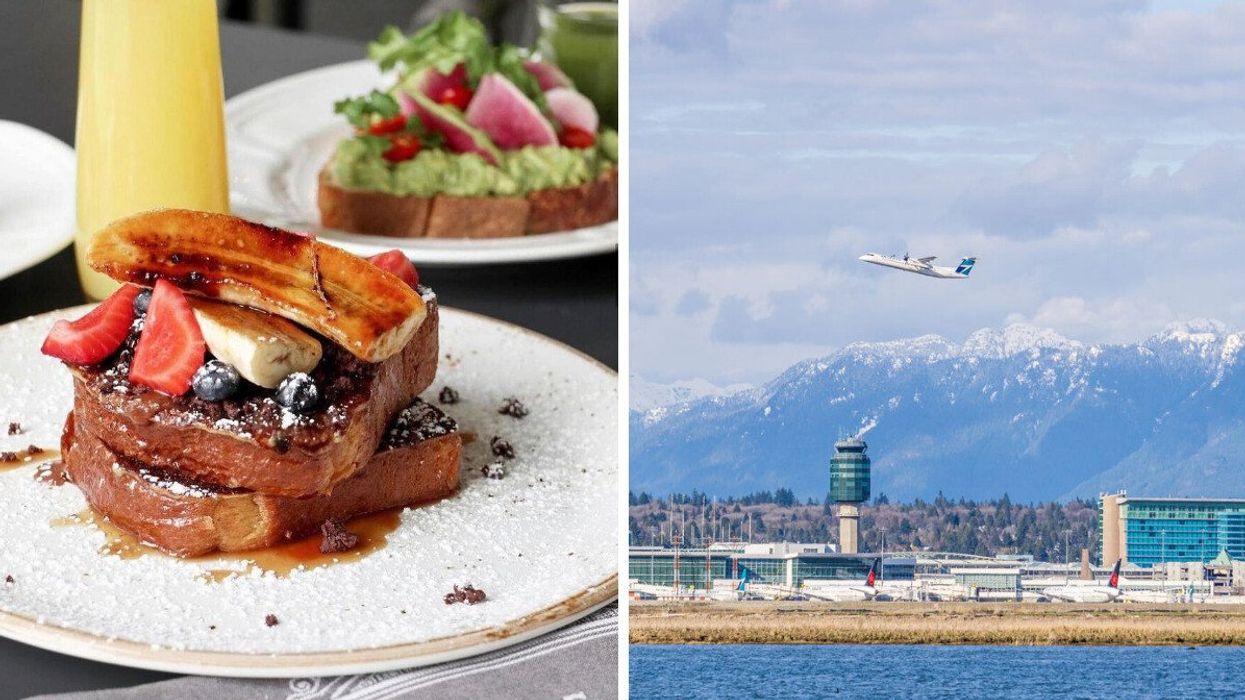 A plate with french toast topped with a banana, strawberries and blueberries and an avocado toast in the background. Right: A plan over an airport with coastal mountains in the background.