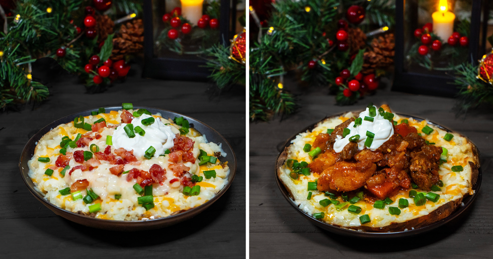 A plate with smashed potatoes, chives, cheese, green onions, and sour cream. Right: A plate with smashed potatoes, cheese, green onions, chicken and sour cream.