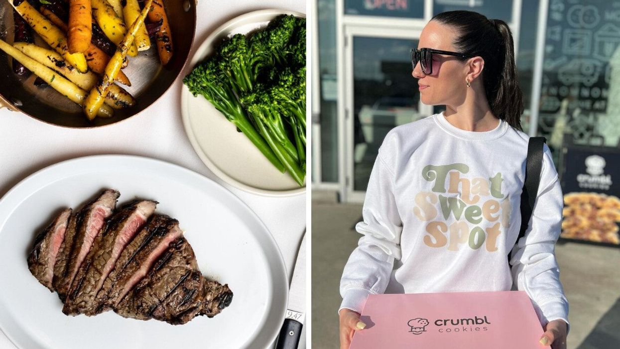 A plate with steak on it beside a plate with broccolini and another plate filled with carrots. Right: A woman holding a pink box that says Crumbl Cookie son it and she's wearing a white sweater that says That Sweet Spot on it.