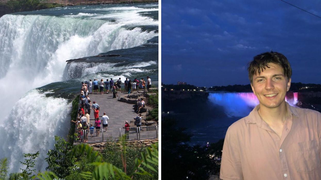 A platform by the falls filled with onlookers. Right: Tristan Wheeler in front of Niagara Falls at night.