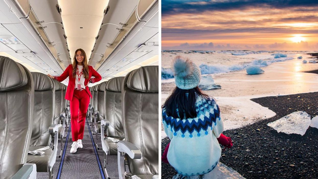 A Play Airlines employee on a flight. Right: A woman takes in the sunset in Iceland.