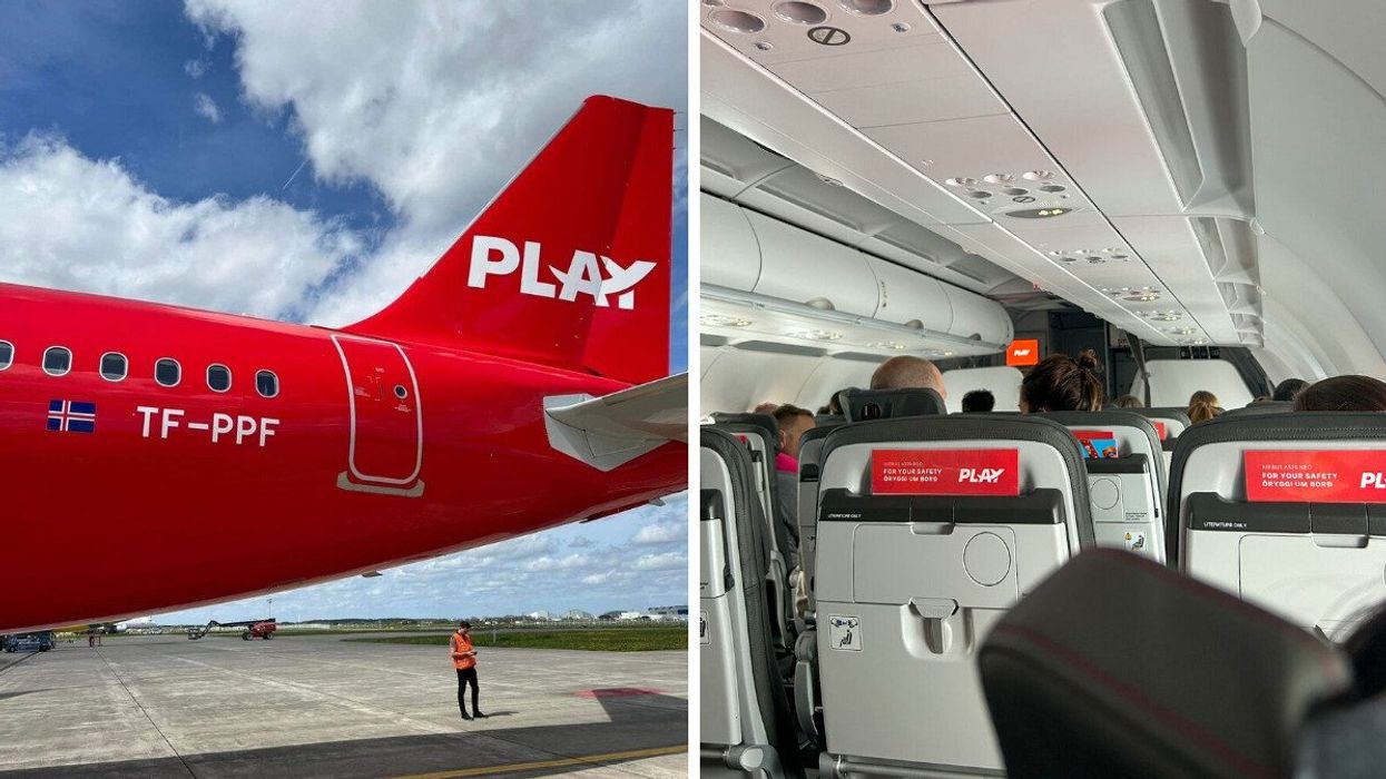 A Play Airlines plane. Right: Seats on a Play Airlines flight.