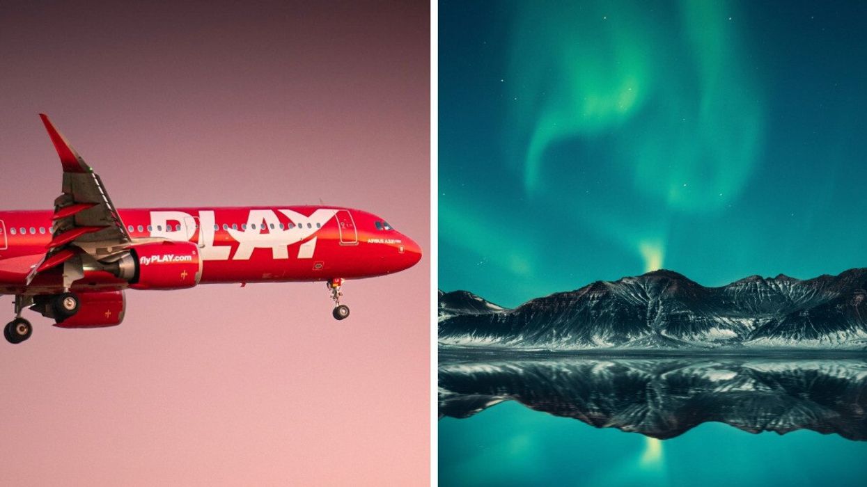 A Play Airlines plane. Right: The northern lights are seen in the sky over mountains.