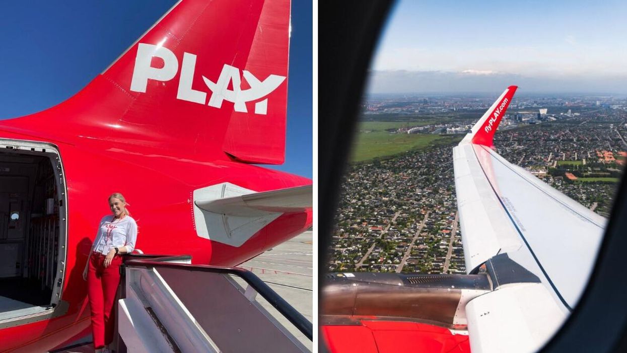 A Play Airlines plane. Right: The wing of a Play airplane.
