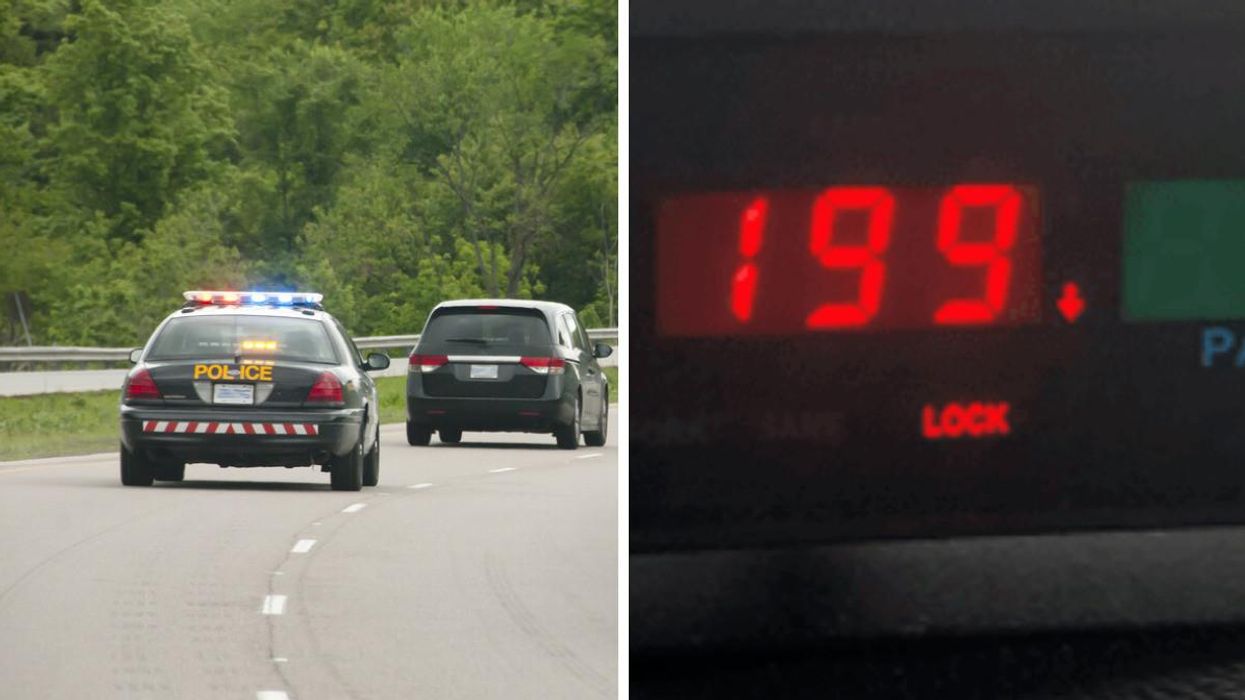 A police car following another vehicle. Right: The RADAR used to check the vehicle's speed.