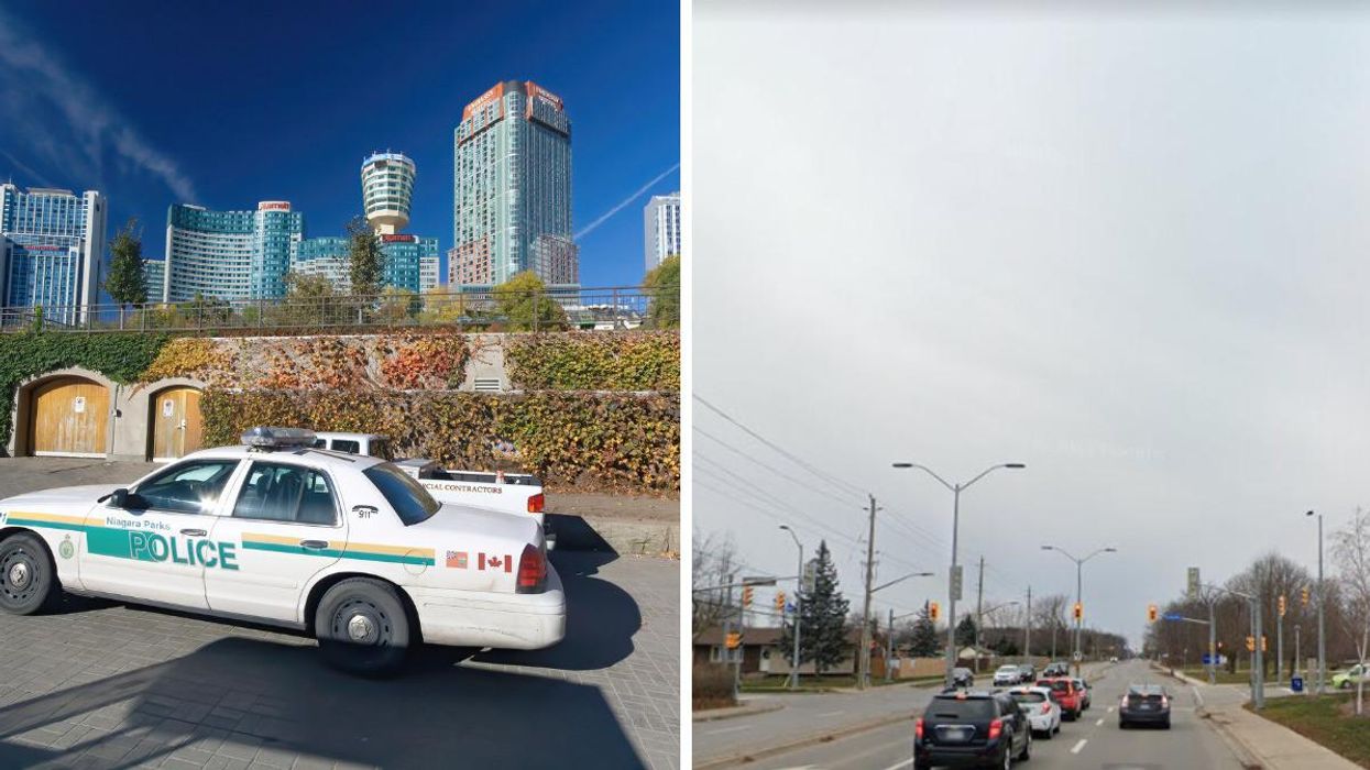 A police car in Niagara Falls. Right: Woodlawn Avenue in Welland, Ontario.