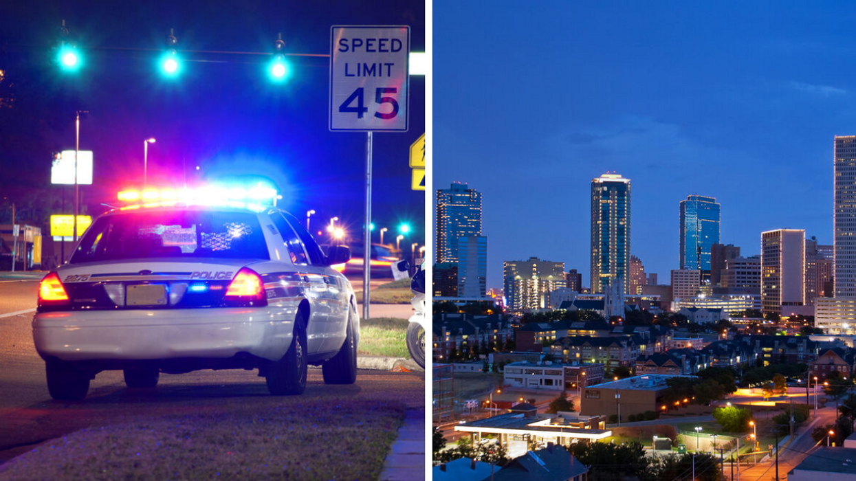 A police car with lights on. Right: Skyscrapers in Fort Worth, TX, at night.