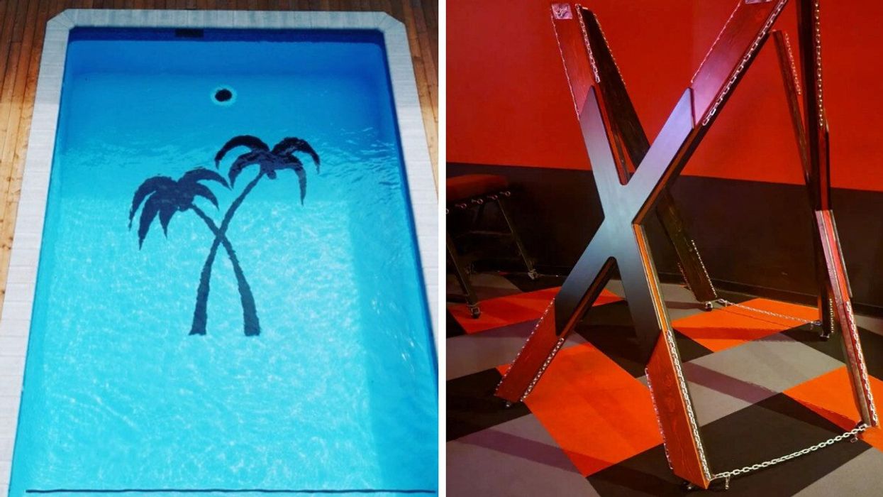 A pool at Oasis Aqualounge in Toronto. Right: An X-shaped restraint at Club M4.