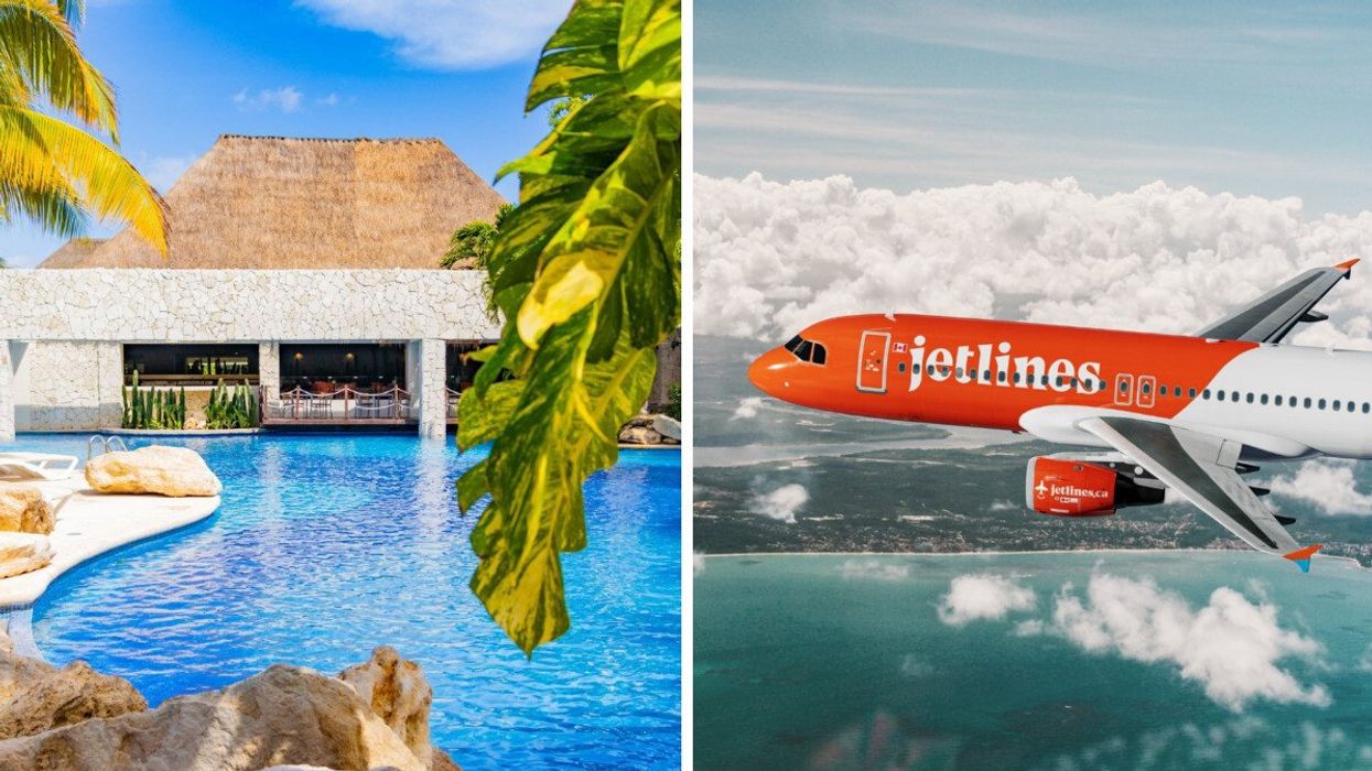 A pool is seen at a resort in Mexico. Right: A Canada Jetlines plane is seen in the sky.