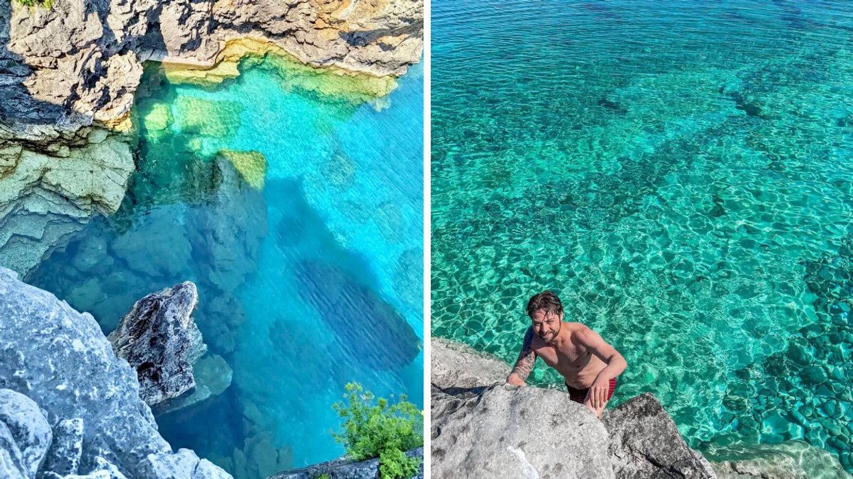A pool of turquoise water. Right: A person climbing on rocks by clear water.
