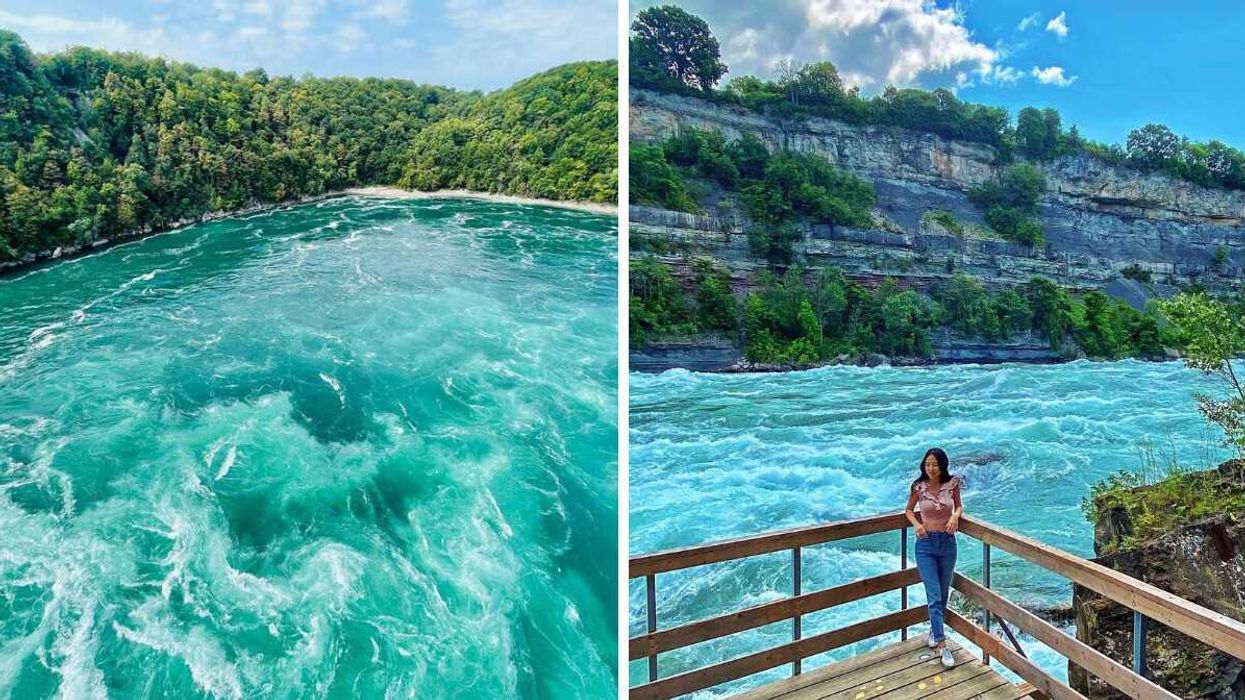 A pool of turquoise water. Right: A person standing on a boardwalk by rapids.