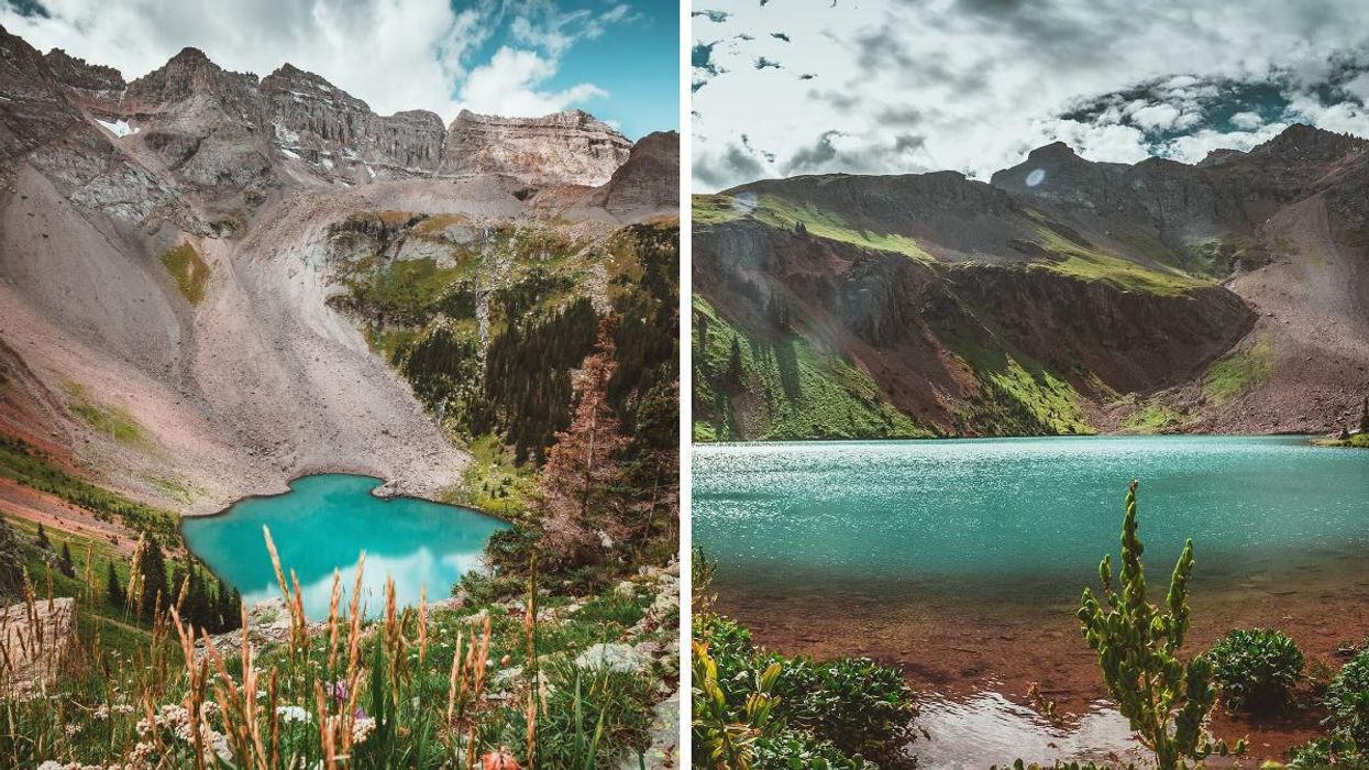 A pool of water at Blue Lake sits in the basin of the Colorado mountains. Right: Water on the horizon of a mountain in the clouds at Bridal Veil Falls outside Pandora, Colorado.