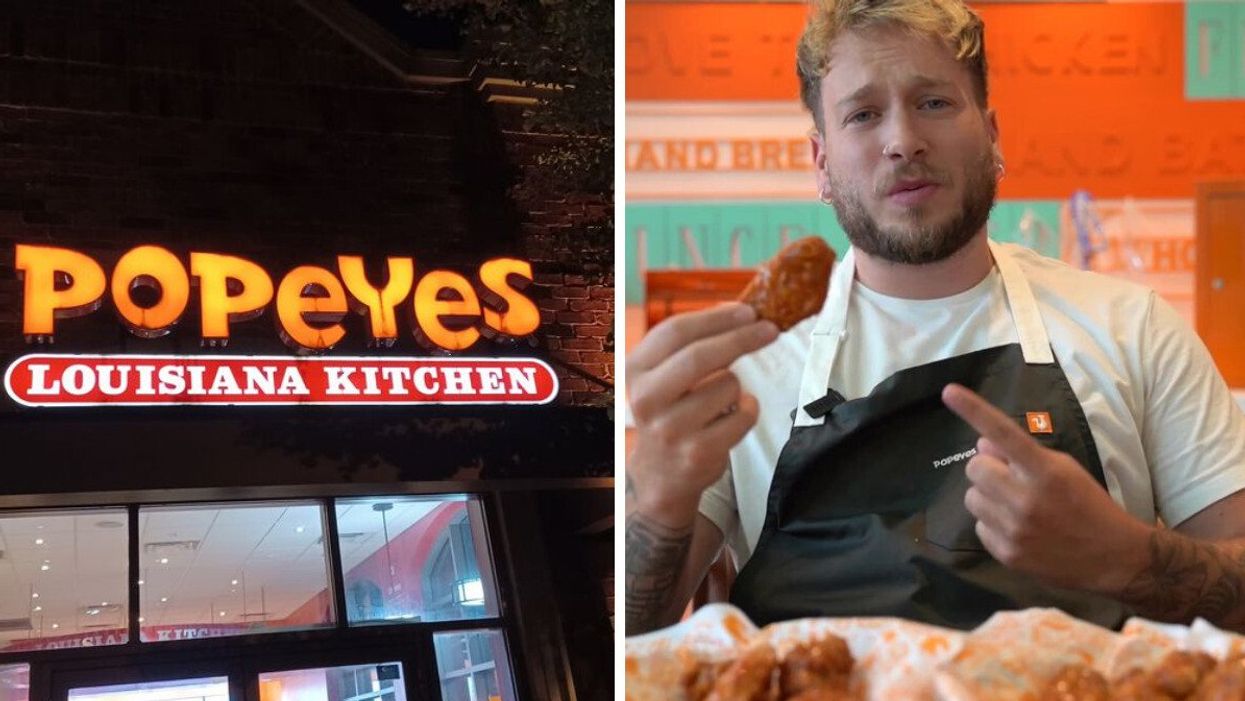 A Popeyes location. Right: A person eating chicken wings.