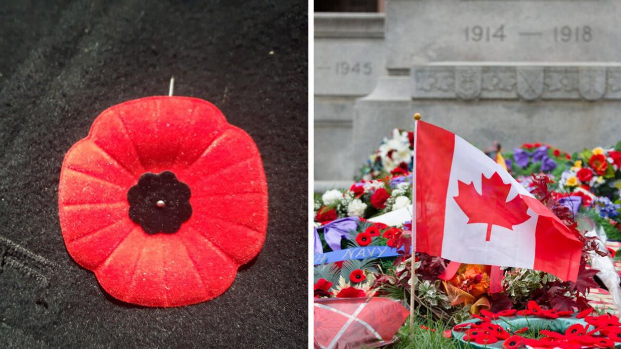 A poppy. Right: A Canadian flag and poppies.