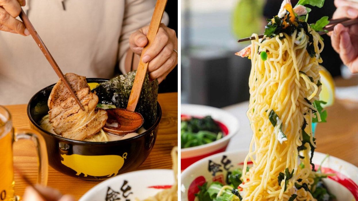 A pork ramen. Right: Noodles held by chopsticks.