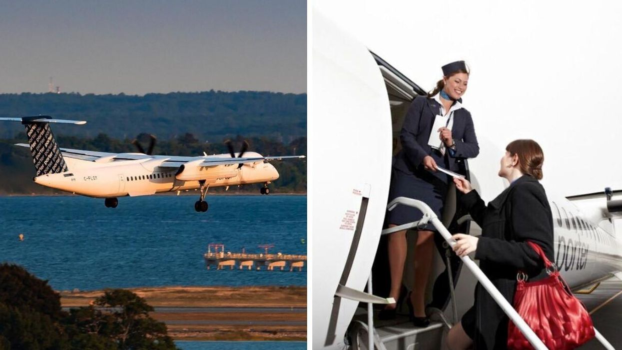 A Porter Airlines aircraft. Right: A Porter Airlines flight attendant assisting a passenger.