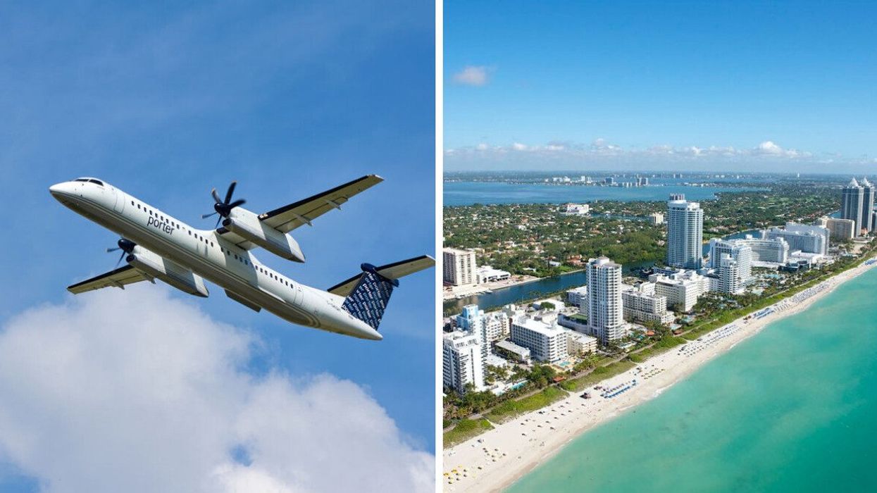 A Porter Airlines flight. Right: Miami, Florida