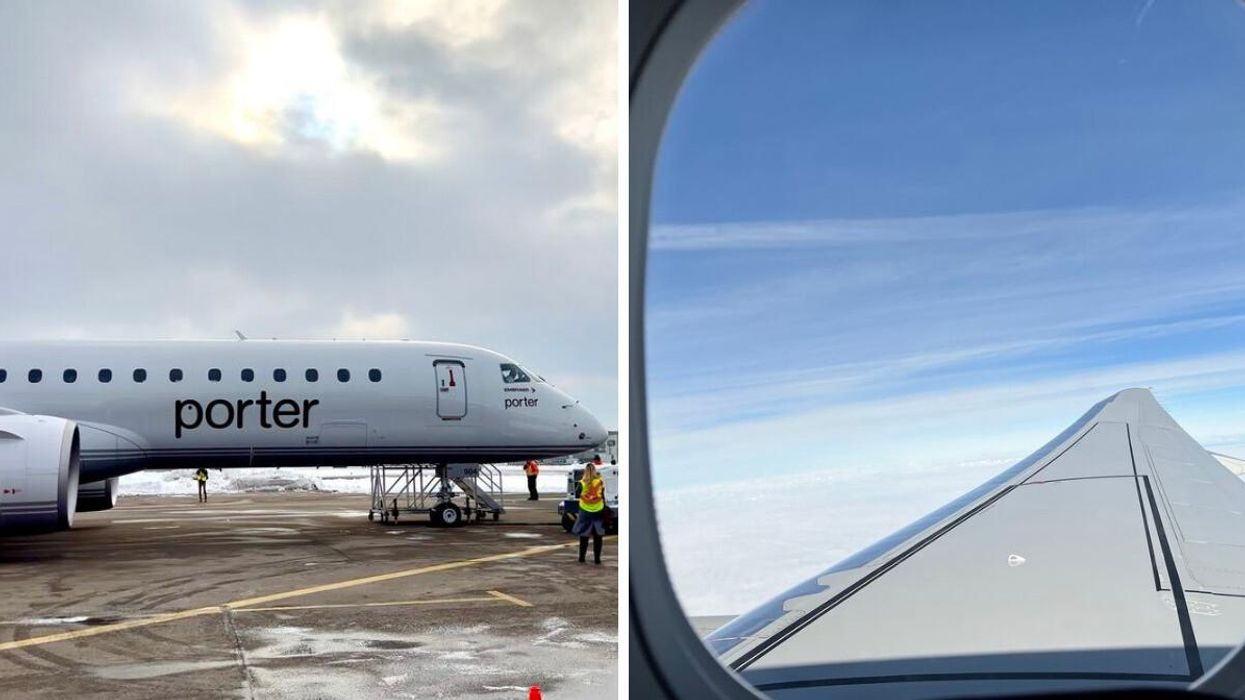 A Porter Airlines jet on the tarmac at Pearson Airport. Right: A window view on board a Porter Airlines flight.