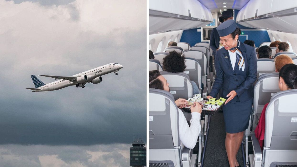 A Porter Airlines plane in the sky. Right: A Flight attendant on a Porter Airlines flight.