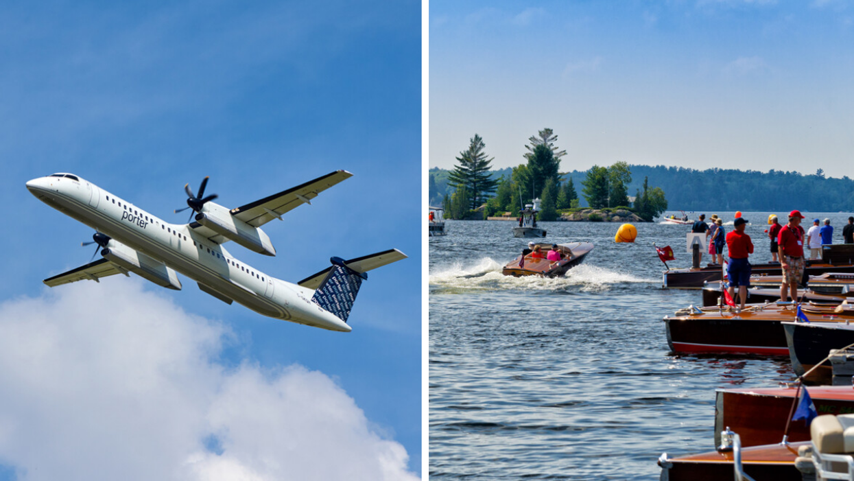 A Porter airplane. Right: Boating in Muskoka.