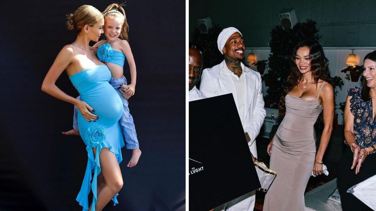 A pregnant Alyssa Scott holding her daughter. Right: Nick Cannon and Alyssa Scott.