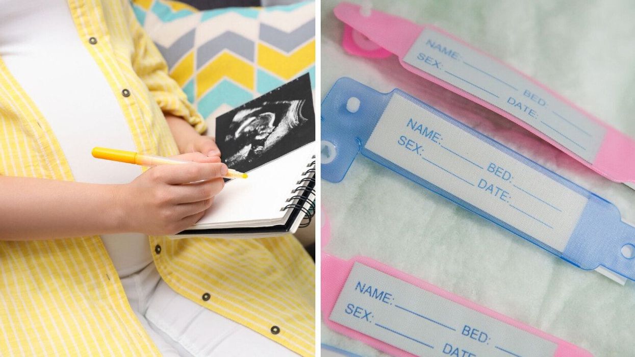 A pregnant person holding a sonogram and writing a list. Right: newborn baby bracelets at a hospital.