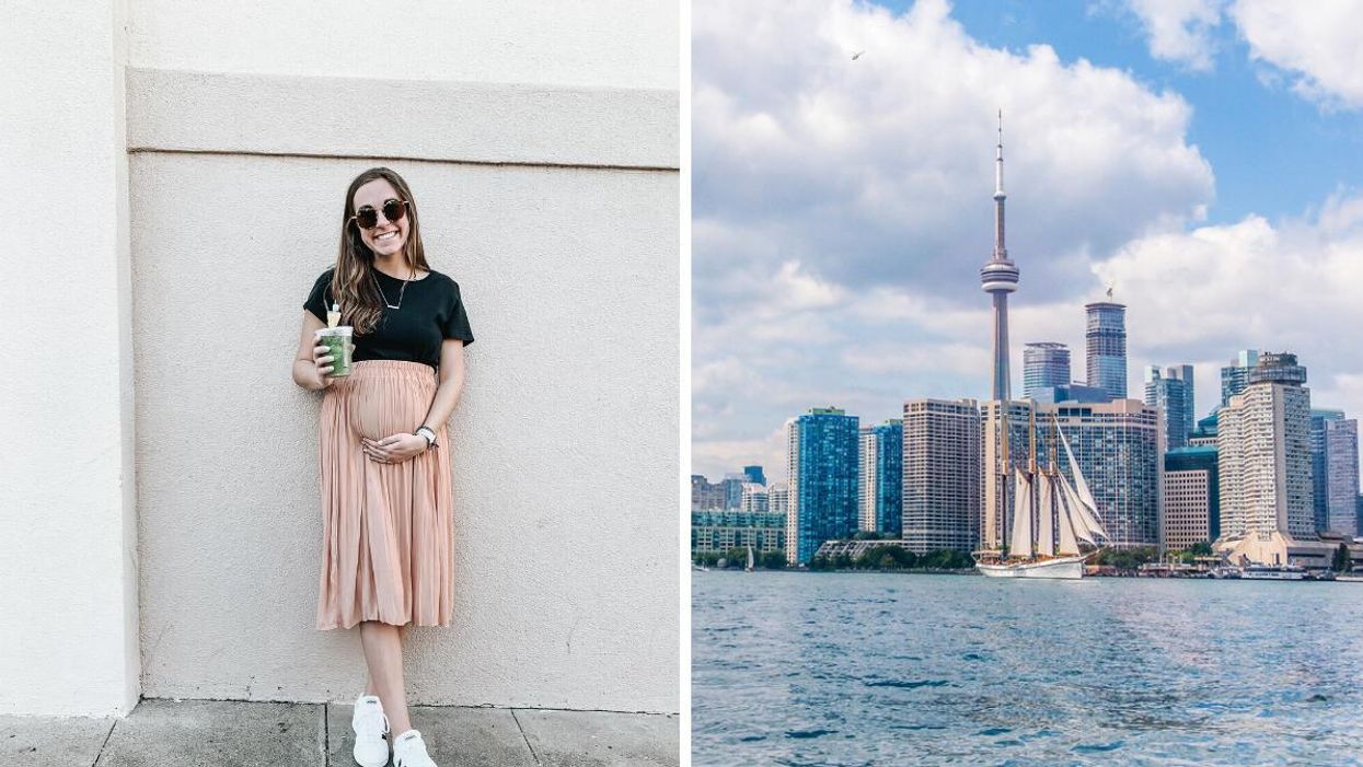 A pregnant women smiling for a photo. Right: Toronto's skyline in daylight