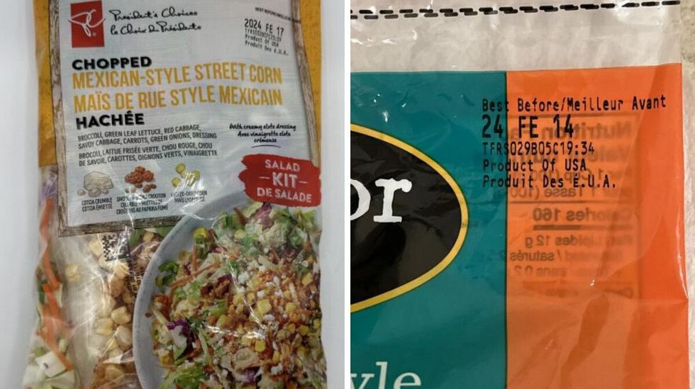 A President's Choice salad. Right: The best before date on a Taylor Farms salad.