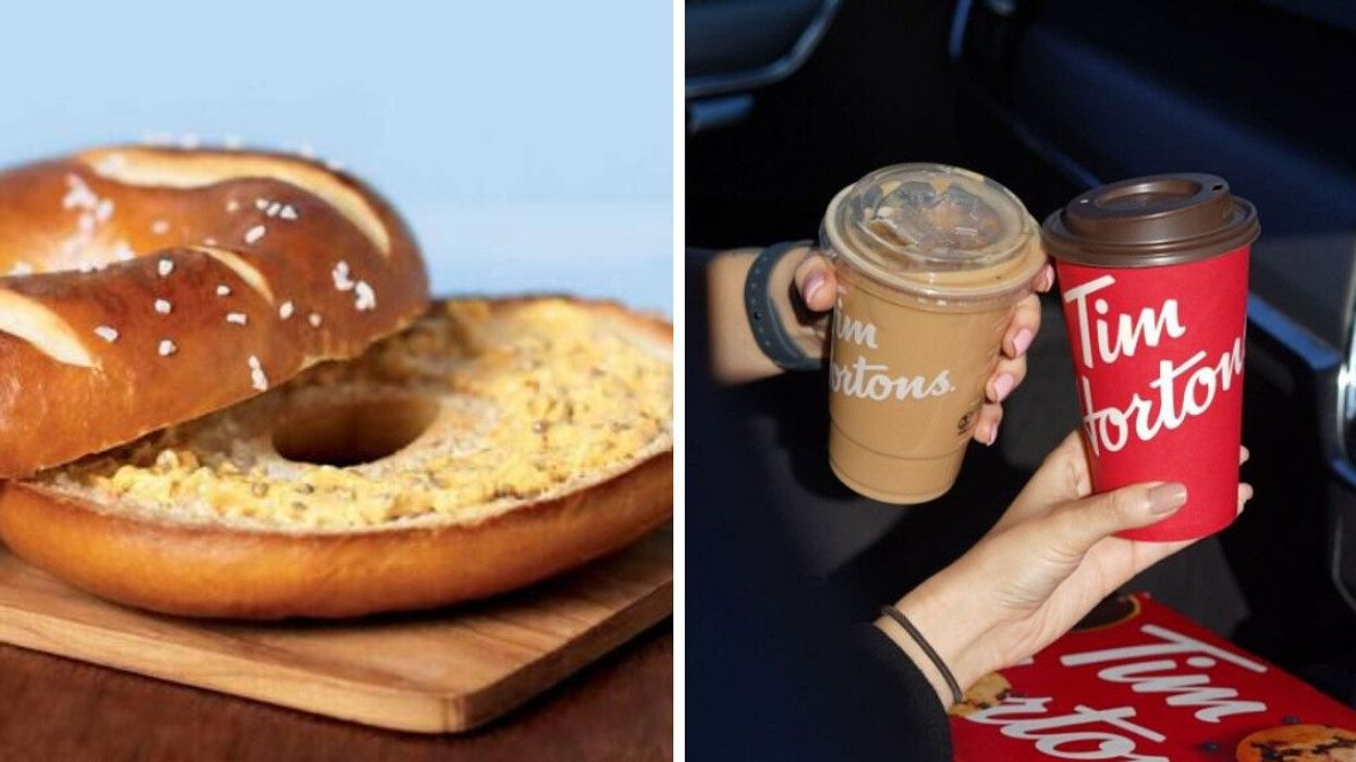 A Pretzel Bagel from Tim Hortons. Right: Two Tim Hortons drinks.