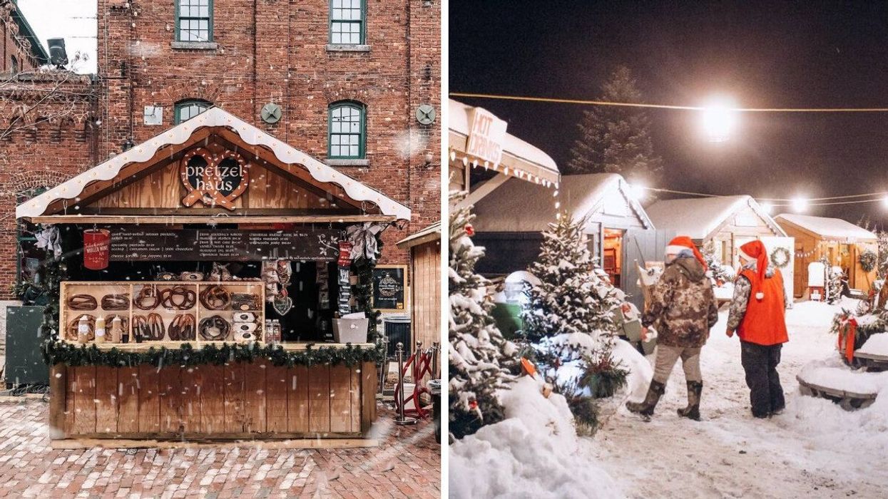 A pretzel vendor at a Christmas Market. Right: People standing in the snow at a Christmas Market.