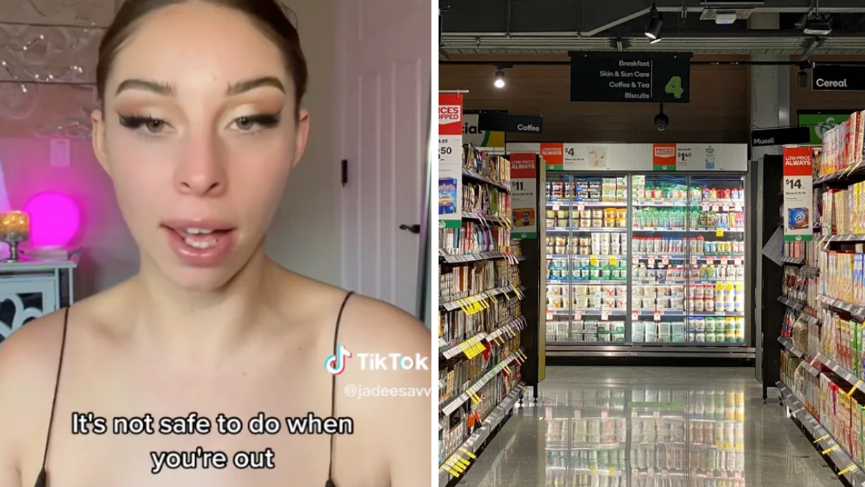 A private investigator listing safety tips on TikTok. Right: A grocery store aisle.