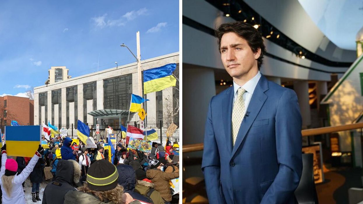 A pro-Ukrainian protest in front of the Russian Embassy. Right: Prime Minister Justin Trudeau.