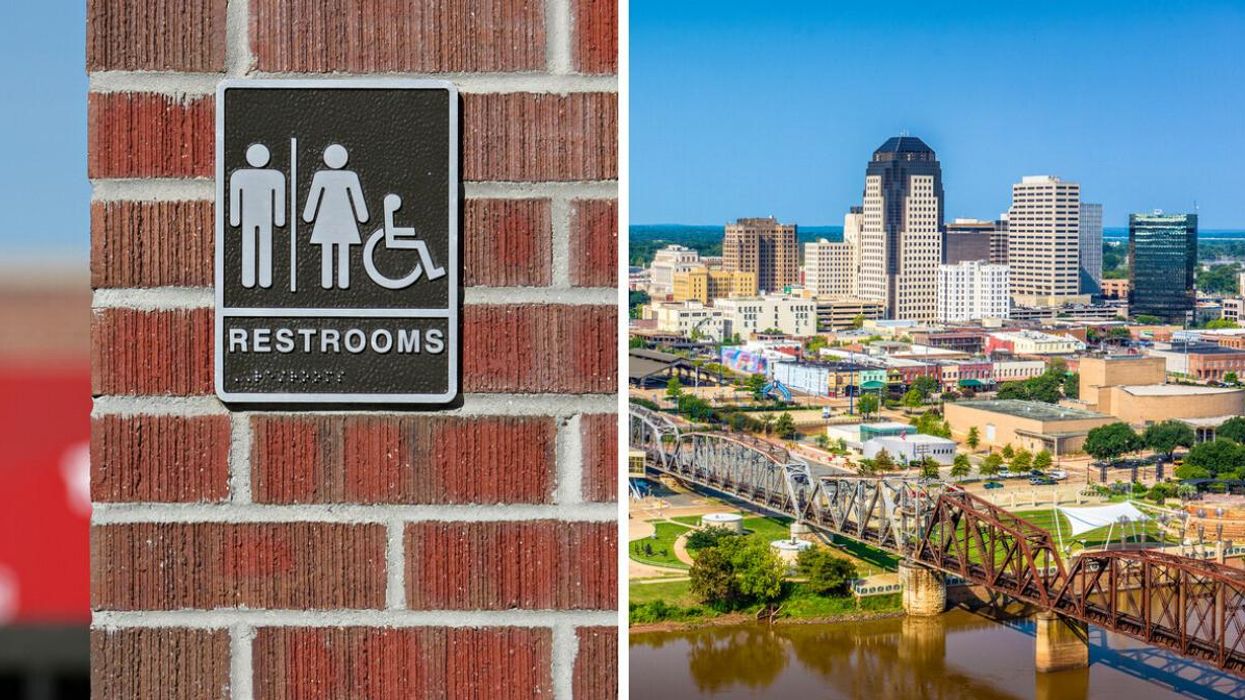 A public restroom sign. Right: Shreveport, LA.