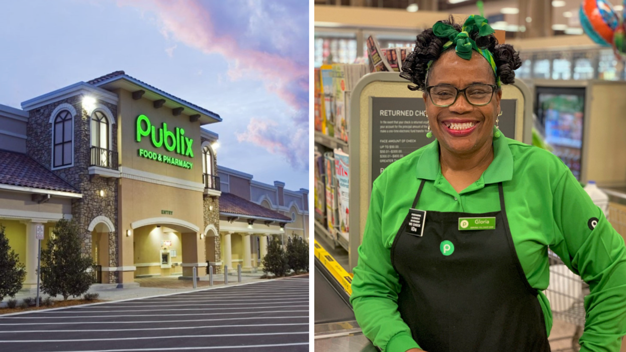 A Publix location. Right: A woman who works at Publix.