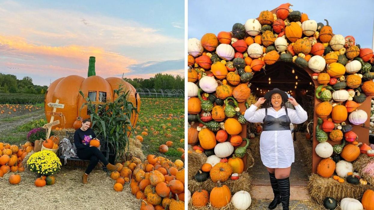 A pumpkin house at Ferme Marineau. Right: A person stands in a pumpkin structure at Pumpkinville.