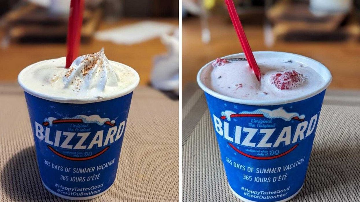 A Pumpkin Pie Blizzard from Dairy Queen. Right: Choco Dipped Strawberry Blizzard.
